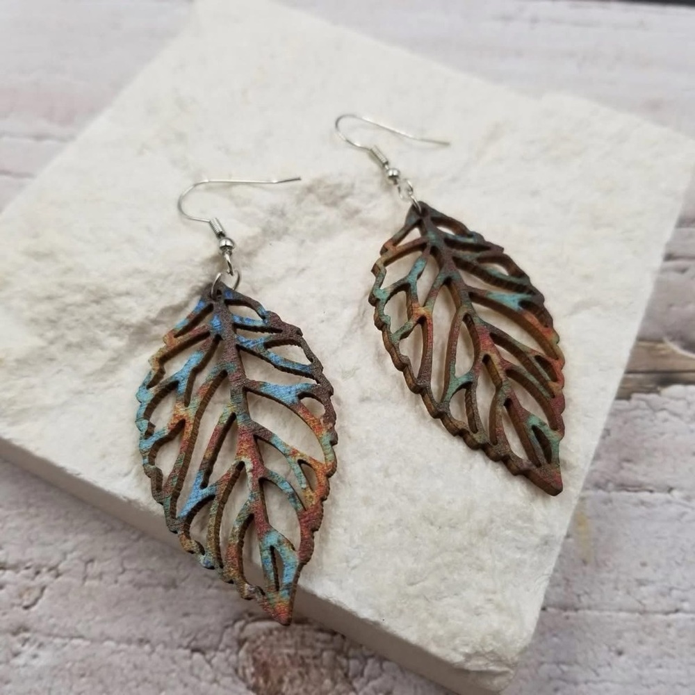 Multicolor Wood Leaf Dangle Earrings